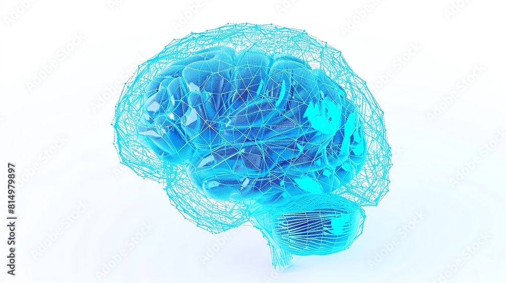 Poster a 3d rendering of a human brain. the brain is made of a blue translucent material and has a glowing 
