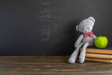 Bear toy, study books on wooden desk in front of blackboard with copy space. Back to school concept.