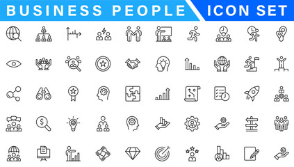 Business people line icons set. Businessman outline icons collection. Teamwork, human resources, meeting, partnership, meeting, work group, success, resume - stock vecto