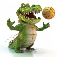 Fototapeta premium Cartoon Crocodile Holding a Basketball
