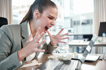 Angry, business woman and scream at computer from stress, burnout and frustration at company...