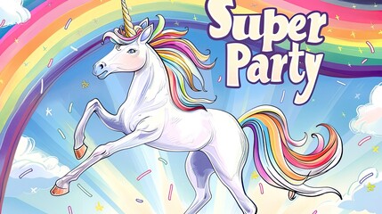 Magical unicorn decorated with bright colors and sparkling details, Super Party lettering, colorful card, holiday kids banner