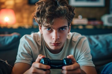 Young male gamer with a serious expression playing video games, holding a controller with concentration