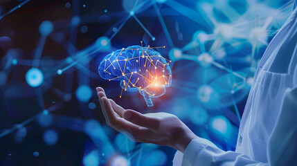 A person is holding a brain in their hand, alzheimer's disease concept