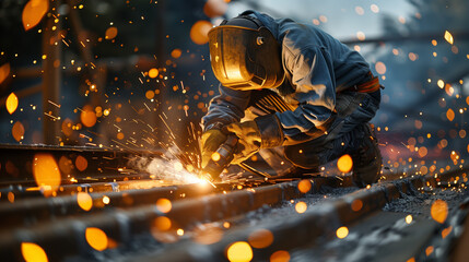 Welder in professional clothing is working welding steel beams, sparks, hot action