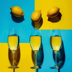 top view of glasses of champagne and lemons on yellow and blue background