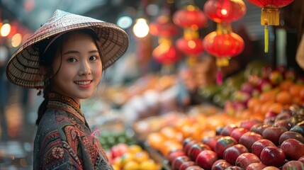 teenage Chinese merchant selling fresh produce at a traditional street market