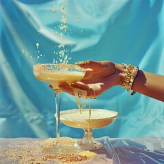 Hands of a woman pouring honey from a glass into a cocktail.