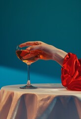 Female hand in a red dress with a glass of wine on a blue background.
