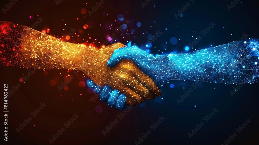 Poster digital handshake of glowing avatars over network of linked cryptocurrency symbols