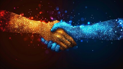 Digital handshake of glowing avatars over network of linked cryptocurrency symbols