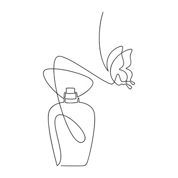 recommend clip art: Hand drawn perfume bottle vector. One line continuous drawing. Butterfly silhouette linear illustration, minimal icon, print, banner, card, wall art poster, brochure, doodle, fragrance, spray