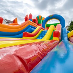  Colorful inflatable castles and slides in the park with water
