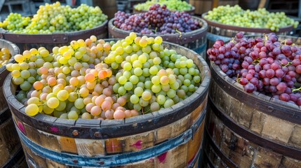 Vibrant grapes in wooden barrels at vineyard warehouse  soft evening light for winery promotion