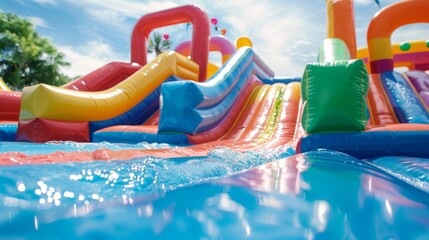  Colorful inflatable castles and slides in the park with water
