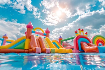  Colorful inflatable castles and slides in the park with water
