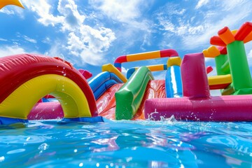  Colorful inflatable castles and slides in the park with water
