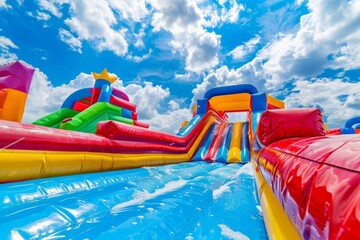  Colorful inflatable castles and slides in the park with water
