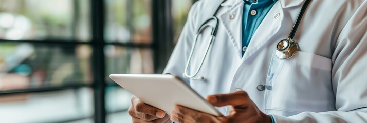 A medical professional focused on reviewing information on a digital tablet in a clinical setting