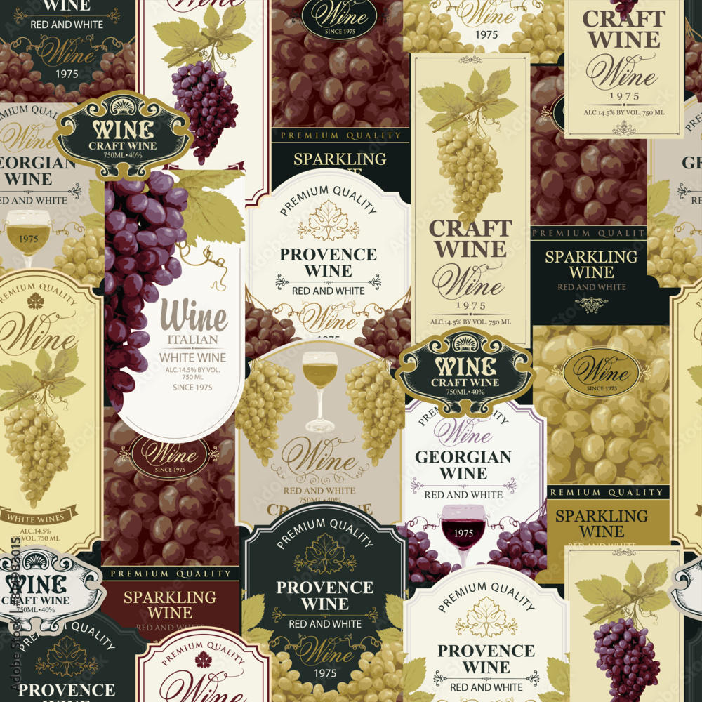 Poster seamless pattern with ornate wine labels in retro style. repeating vector background on the theme of