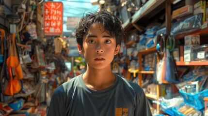 teenage Japanese merchant managing inventory at a traditional familyowned shop