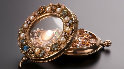 **A compact mirror with a pearl-encrusted frame