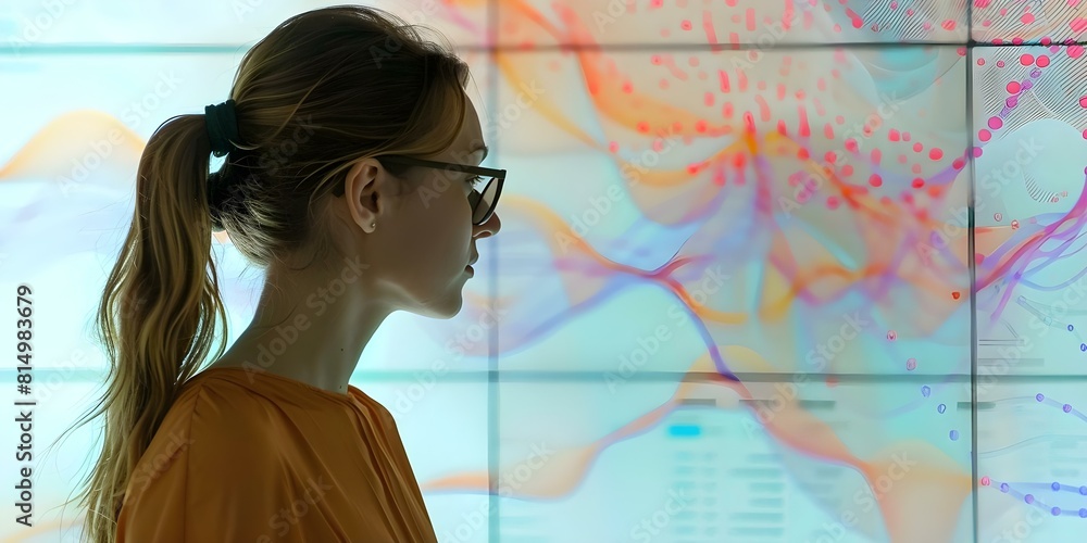 Poster senior female data scientist reviews risk management reports on large digital screen. concept data a
