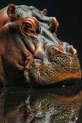 A close-up, detailed portrait of a hippo's face emerging from dark water, with a perfect reflection on water's surface. The image emphasizes hippo's unique features and dramatic contrast of background