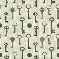 Seamless pattern with old wintage keys on background of old hand-drawn buildings. Vector repeating background in vintage style in beige colors. Suitable for wallpaper, wrapping paper or fabric design