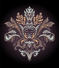 Vintage ornate background in baroque style. Dmask pattern. Wallpaper, textile design. Elegant floral ornament. Vector illustration.