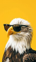 cool bald eagle's head wearing sunglasses with solid color background.