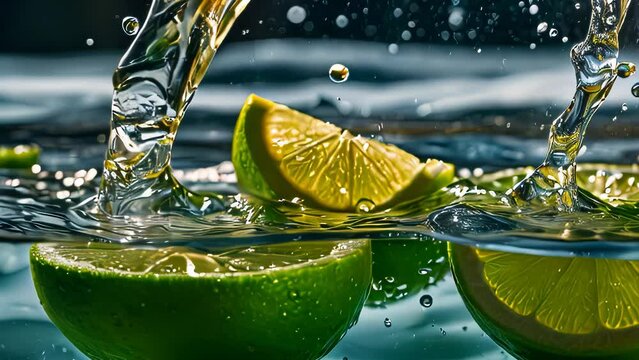 Video animation of close up of two lime halves with water being poured onto them, causing splashes and droplets of water to be visible in the air