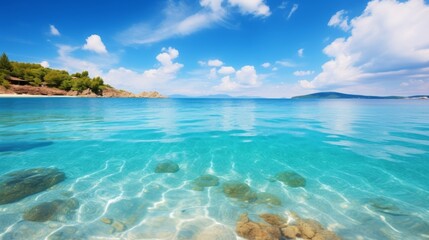 Fototapeta premium Beautiful tropical beach with blue sky and white clouds abstract texture background. Copy space of summer vacation and holiday business travel concept.