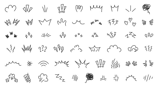 Set of anime emotion effect. Doodle manga comic expression elements. Comic style line elements for character emotion. Emotion effect design element. Vector illustration isolated on white background.