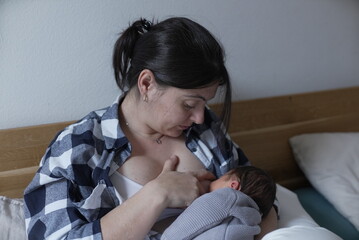 A mother lovingly breastfeeds her baby, illustrating the deep bond and affection in a quiet,...