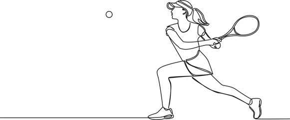 continuous single line drawing of female tennis player, line art vector illustration