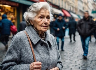 Obraz premium Elderly woman standing on a busy street