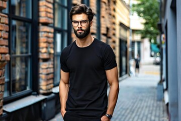 Urban Chic: Young Caucasian Man with Beard in Black T-Shirt and Glasses