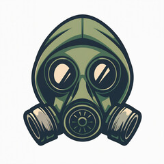 Person wearing a gas mask hooded jacket apocalypse concept vector logo style. White isolated background. Generative AI image.