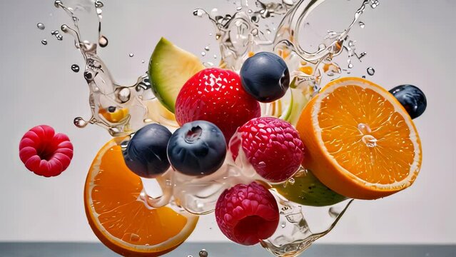 Video animation of vibrant and dynamic splash of water fruit, capturing a moment of sheer freshness and vitality