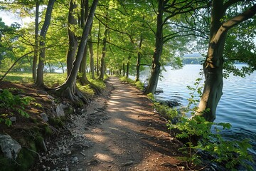 Digital artwork of  tree filled trail with a clear view of a lake, high quality, high resolution