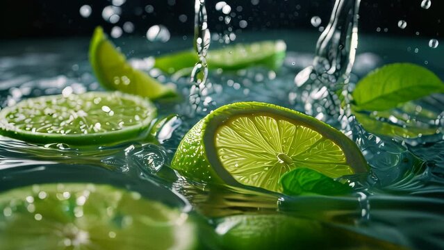 Video animation of close up of fresh lime slices with water droplets splashing around them.