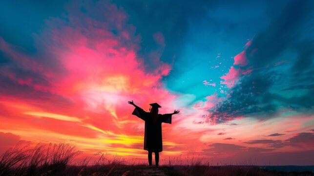 A lone graduate stands on a beach, their diploma held high as they watch the sun rise on a new chapter of their life. Congraturation