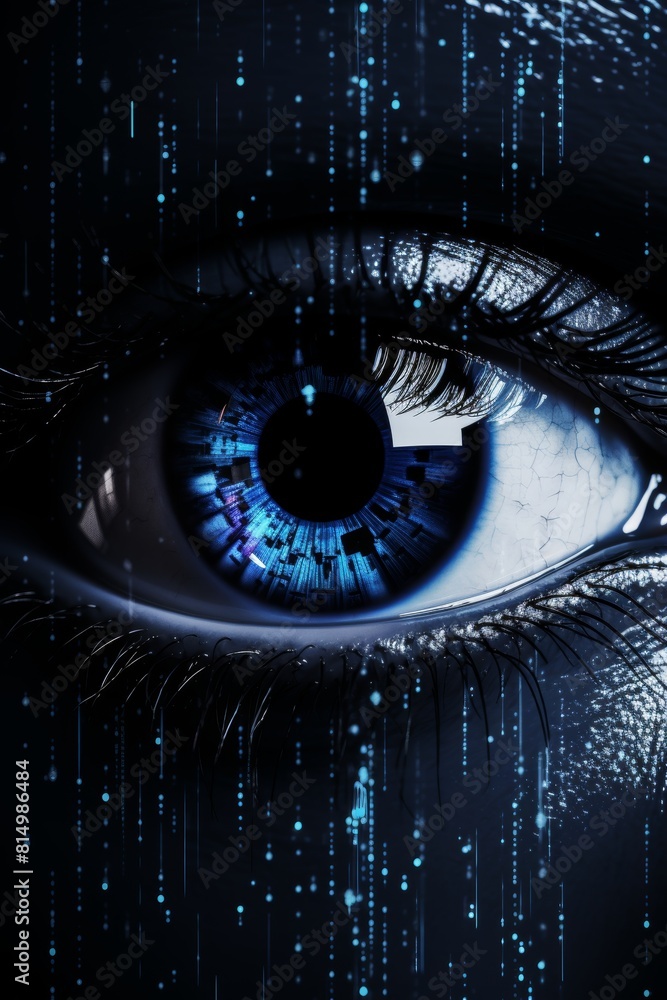 Poster cybernetic vision hacker or ai robot eye in dark technological environment with digital backdrop