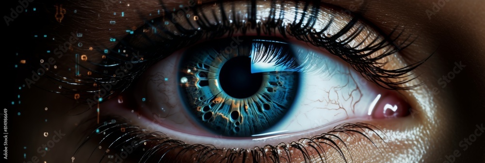 Poster cybernetic vision hacker or ai robot eye in futuristic tech environment on digital display