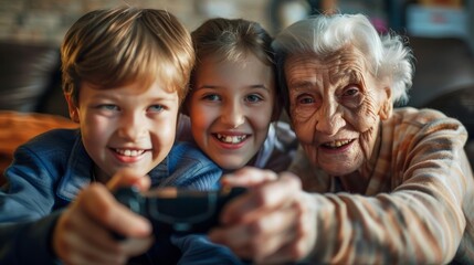 Show an elderly person engaging in video games with their grandchildren