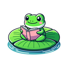 Obraz premium cute icon character frog reading book on leaf