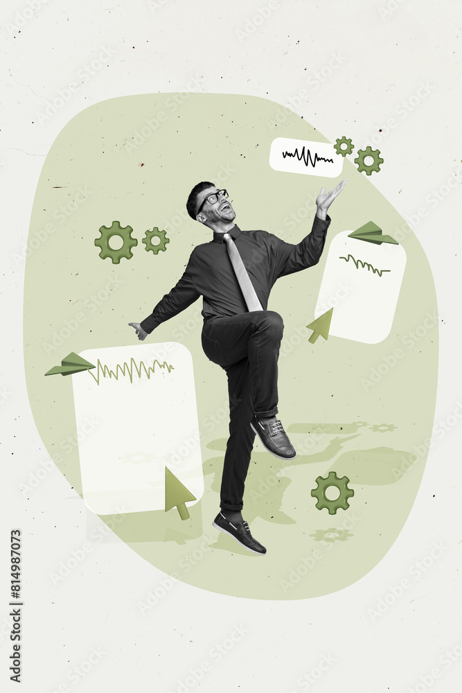 Poster Sketch image composite trend artwork 3D photo collage of workspace interface cogwheel pointer click paper plane office manager man walk go