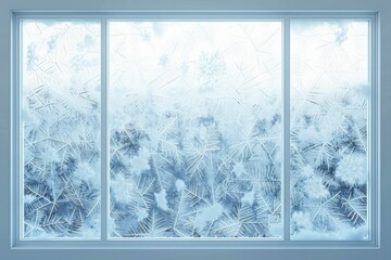 A frost-covered window with patterns of ice crystals, leaving room at the top or sides for festive messages