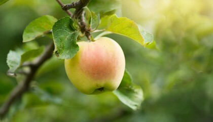 Obraz premium photo of a ripe apple hanging on a tree branch